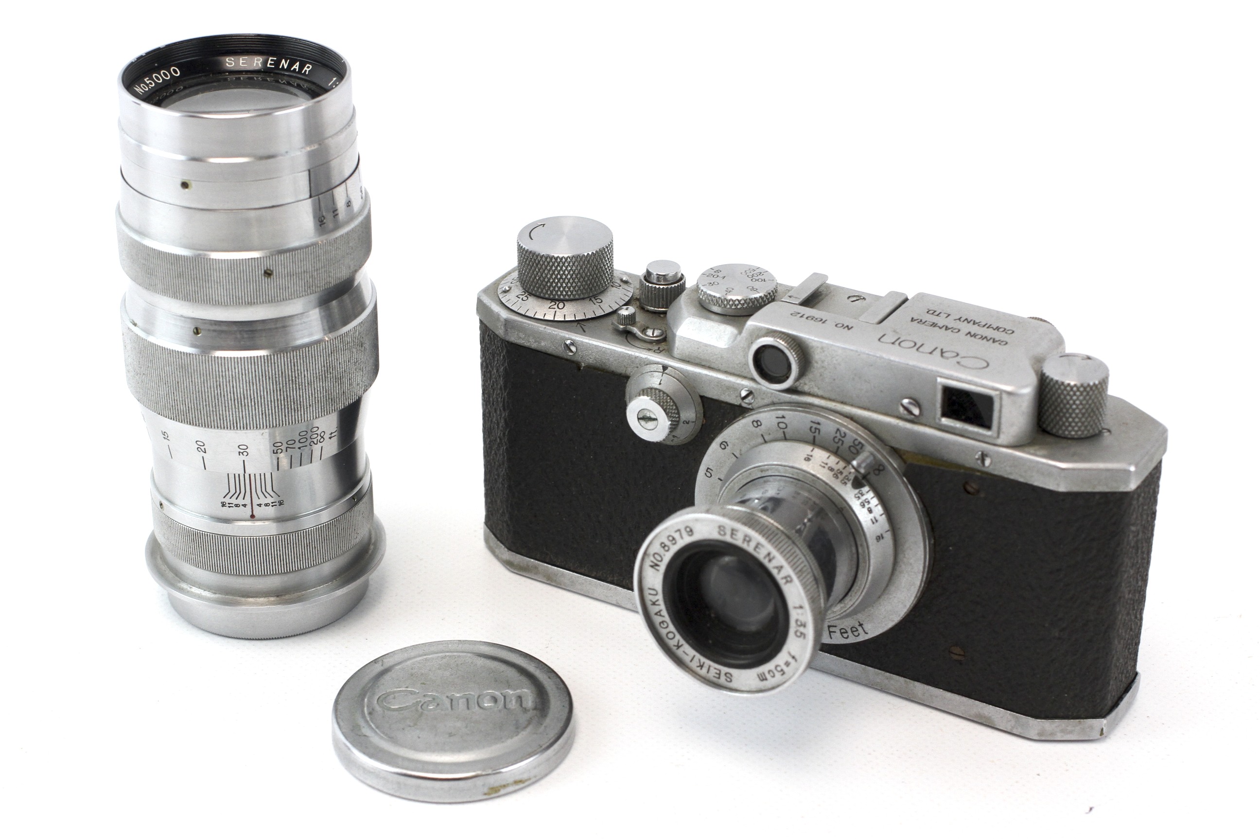 A Canon SII 35mm rangefinder camera outfit. Chrome body, Serial Number 16912. With a Serenar 5cm f3.