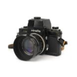 A Minolta XM 35mm SLR camera. Black, serial number 2116595. With a Minolta 58mm f1.