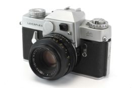A Leica Leicaflex 35mm SLR camera, chrome. Serial Number 1169090. With a 50mm f2 Summacron R lens.