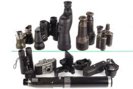 A collection of camera and optical equipment.