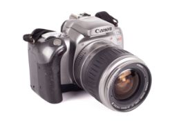 Canon EOS 300X 35mm SLR camera. Silver. With a 28-90mm f4-5.6 zoom lens, strap and case.