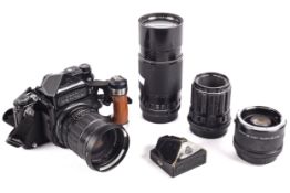 An Asahi Pentax 6 x 7 Camera with a Pentax 67 skylight smc lens,