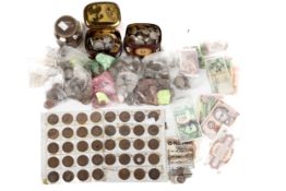 A collection of assorted pre-decimal coins, foreign coins and notes, etc.