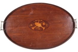 A early 20th century mahogany inlaid oval two handled tray.