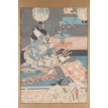 19th century Japanese ukiyo-e woodblock print of an interior with cherry blossom and musicians.