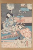 19th century Japanese ukiyo-e woodblock print of an interior with cherry blossom and musicians.
