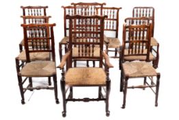 Ten 19th century oak ladder back dining chairs.