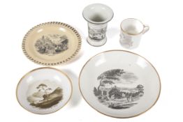 Five 18th century bat printed ceramics items.