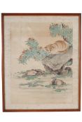 Early-mid 20th century Japanese hand-touched woodblock print on silk.