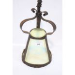 An Arts & Crafts Vaseline Glass pendant hall lantern with wrought iron metalwork. 32 cm high x 16.