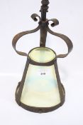 An Arts & Crafts Vaseline Glass pendant hall lantern with wrought iron metalwork. 32 cm high x 16.