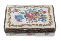 A 19th century French enamel hinge-lidded box with flower decoration and gilt rococo banding. 1.
