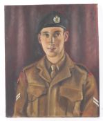 J Morgan (mid-20th century), a portrait of a young soldier in uniform, oil on canvas.
