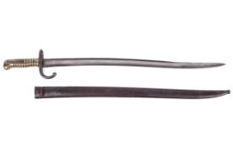 Military : A French Chassepot sword bayonet. With metal scabbard and brass ribbed handle. 69.