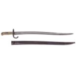 Military : A French Chassepot sword bayonet. With metal scabbard and brass ribbed handle. 69.