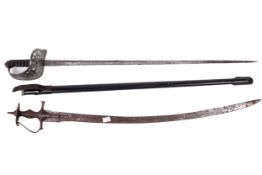Military : A Victorian straight bladed and fullered sword and scabbard and an Indian Tulwar Sword.