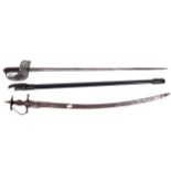 Military : A Victorian straight bladed and fullered sword and scabbard and an Indian Tulwar Sword.