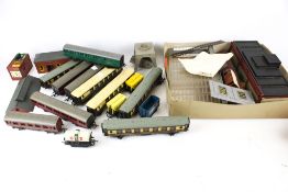 Tri-ang terminus through station kit and assorted train wagons,