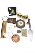 An assortment of collectables. Including a barometer, painted tobacco box, a thermometer, etc.