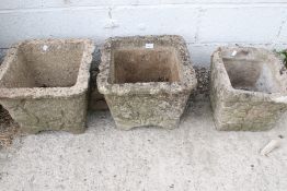 Three assorted square stone garden planters. Max.