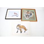 Three contemporary pictures of animals. Comprising a signed mixed media fox, 29.5cm x 39.