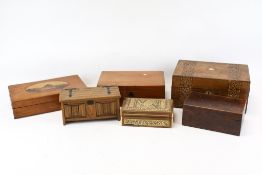 A collection of six assorted wooden boxes. Including an inlaid sewing box and a marquetry box, etc.