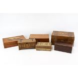 A collection of six assorted wooden boxes. Including an inlaid sewing box and a marquetry box, etc.