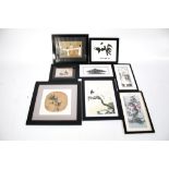 Seven oriental prints and paintings. Depicting figures, birds, landscapes, etc. some signed.