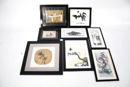 Seven oriental prints and paintings. Depicting figures, birds, landscapes, etc. some signed.