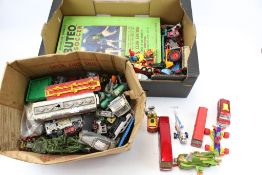 An assortment of diecast and a Subbuteo table game.