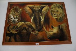 A contemporary oil on board by Lewes Skheta. Depicting 'The Big Five', signed, 56cm x 80cm, framed.