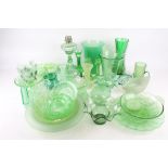 A collection of green glassware.
