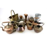 A box of assorted copper and brass items. Including kettles, pots, etc. Max.