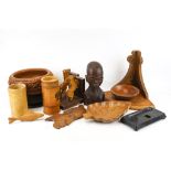 A collection of assorted vintage treen items. Including turned bowls, a corner shelf, etc. Max.