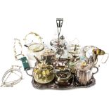 A collection of plated items to include an oblong two-handled tray; two cruet stands;