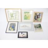 A collection of seven assorted framed pictures. Painting and prints, max.