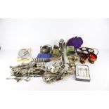 A quantity of assorted silver plated items. Including cutlery, a cocktail shaker, etc. Max.