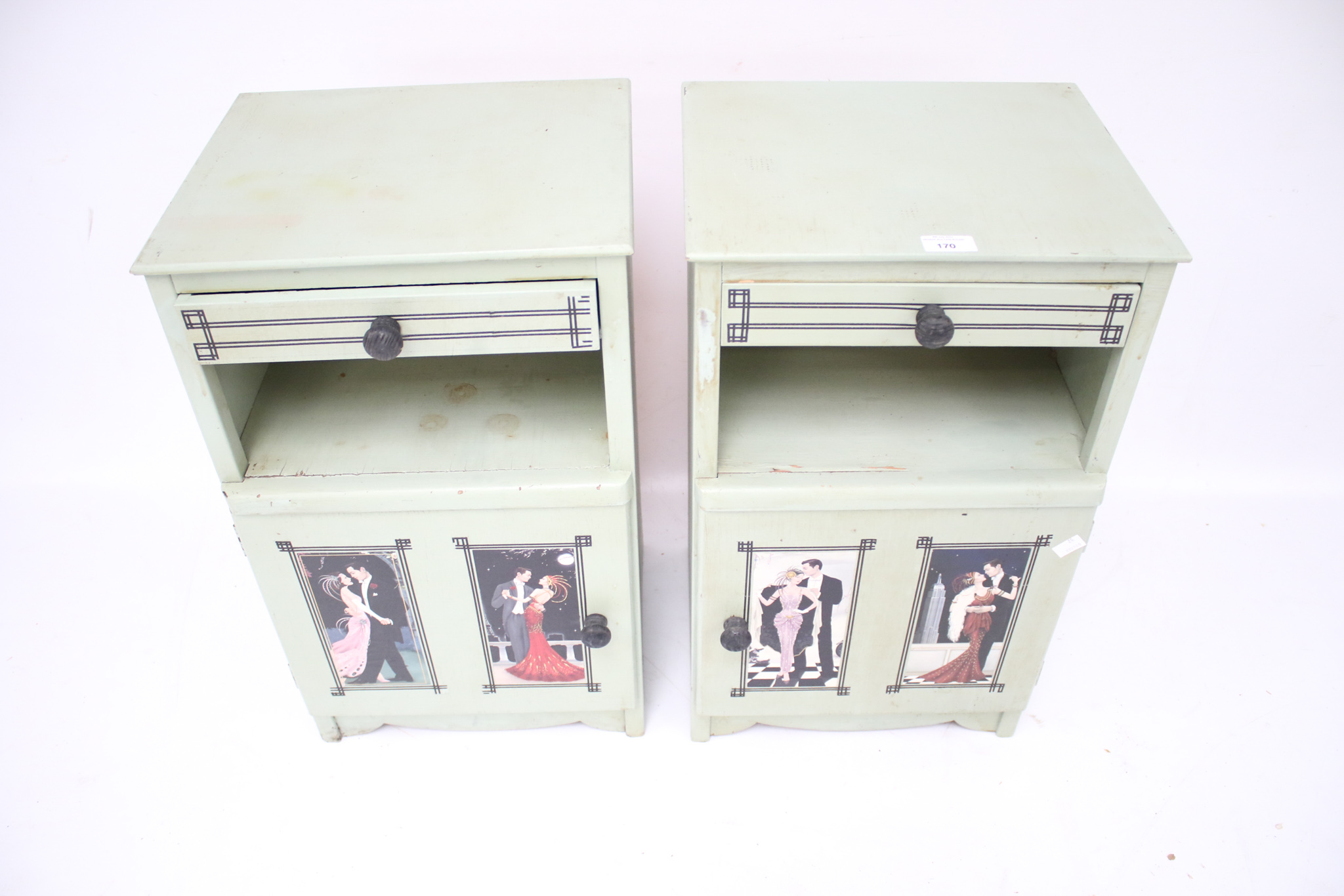 A pair of vintage wooden bedside cabinets.