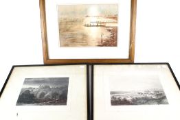 Three framed pictures. Including a watercolour and two signed R. B.