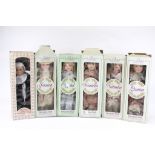 A collection of five boxed porcelain dolls. Including Classique Collection 'Crystal', etc.