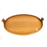 Vintage Retro : A mid-century Scandinavian birch wood oval tray with shaped handles. H3cm x W60.