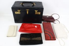 Six vintage handbags and a vanity case.