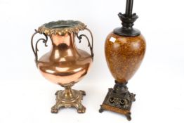 A Victorian copper vat and a contemporary lamp base.