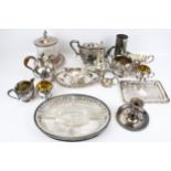 A collection of 19th century and later silver plate. Including a tea set, sauce boats, etc. Max.