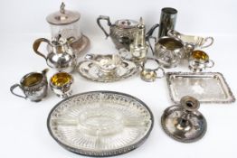 A collection of 19th century and later silver plate. Including a tea set, sauce boats, etc. Max.