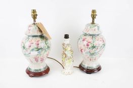 A pair of 20th century lamp bases and a Meissen style lamp base.