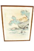 An early/mid-20th century Japanese hand-touched woodblock print on silk.