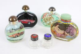 Four contemporary Chinese snuff bottles and two glass bottles with silver (marked 925) and enamel