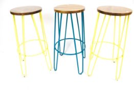 Vintage Retro style : Three circular powder coated steel and pine topped bar stools.