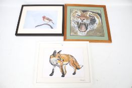 Three contemporary pictures of animals. Comprising a signed mixed media fox, 29.5cm x 39.